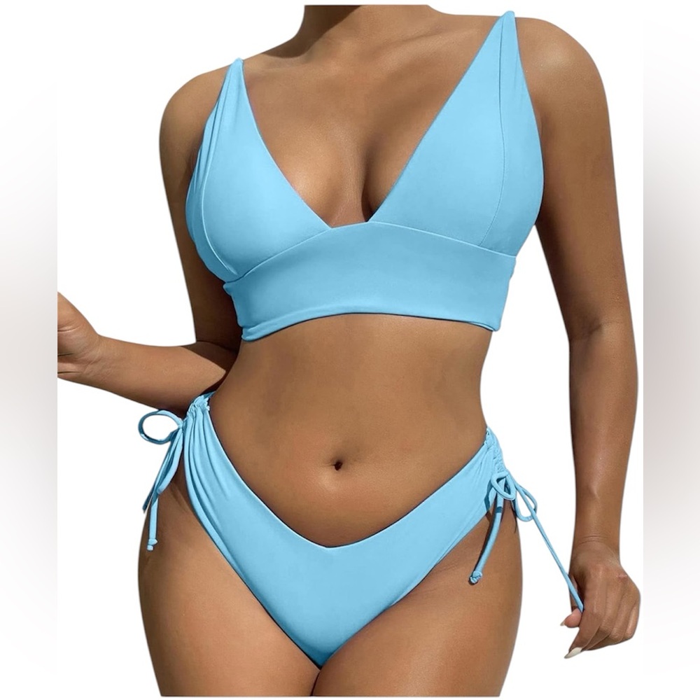 Sexy Deep V Bikini Top Adjustable Straps Drawstring Bottoms Women’s Medium Blue